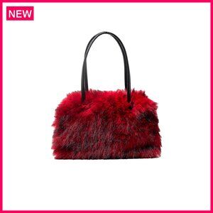 Faux Fur Shoulder Bag Plush Tote Zipper Closure Spacious Purse
